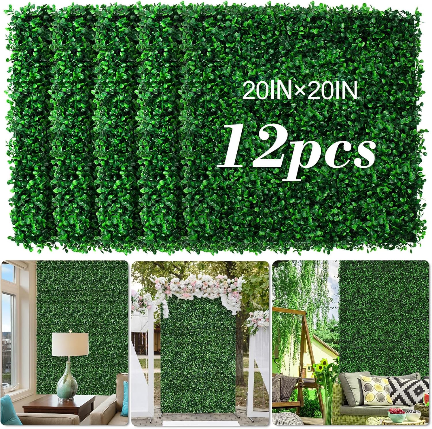 AOKIE 20"X20" Artificial Grass Wall, 12 Pcs Boxwood Hedge Wall Panels UV-Anti Grass Backdrop Wall Decor, Greenery Privacy Hedge Screen for Indoor Outdoor Patio Balcony, Party Garden Fence Decor