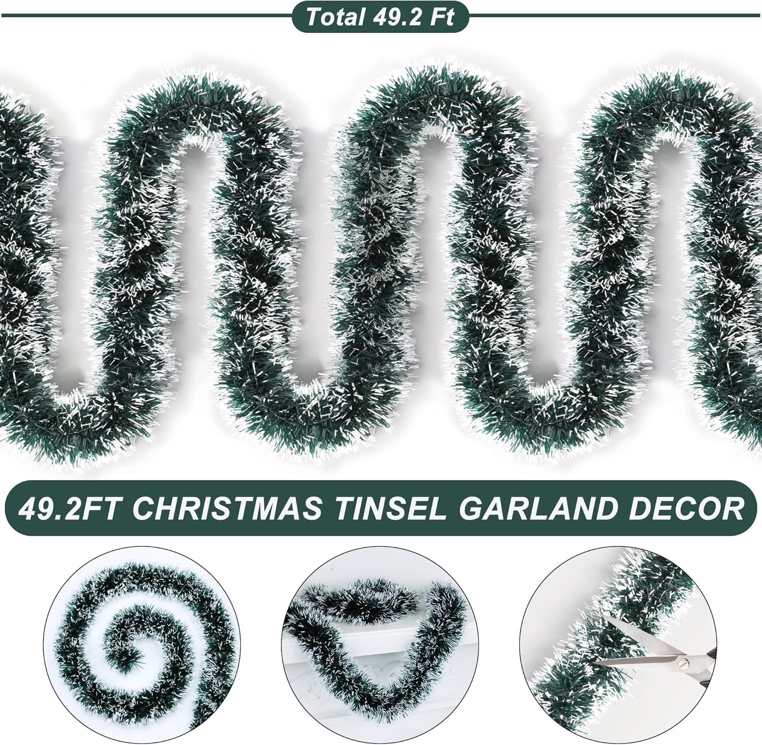 50 Feet Green Christmas Tinsel Garland Metallic Twist Shiny Hanging Garland for Christmas Tree Decorations Xmas Holiday Decor for Home Indoor Outdoor Party Supplies (Green)