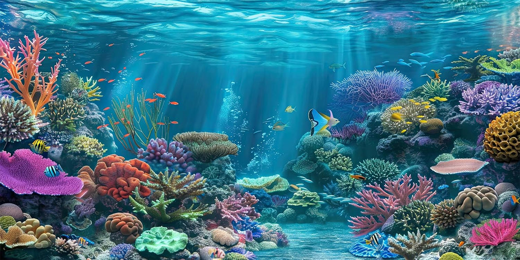 iTapnoom Ocean Floor Aquarium Background, Underwater Tropical Fish Coral Reef Aquatic Nature Plant Fish Tank Backdrop Decor, Polyester Fabric with 6 EVA Double-Sided Tapes 48x24 inches/120x60cm