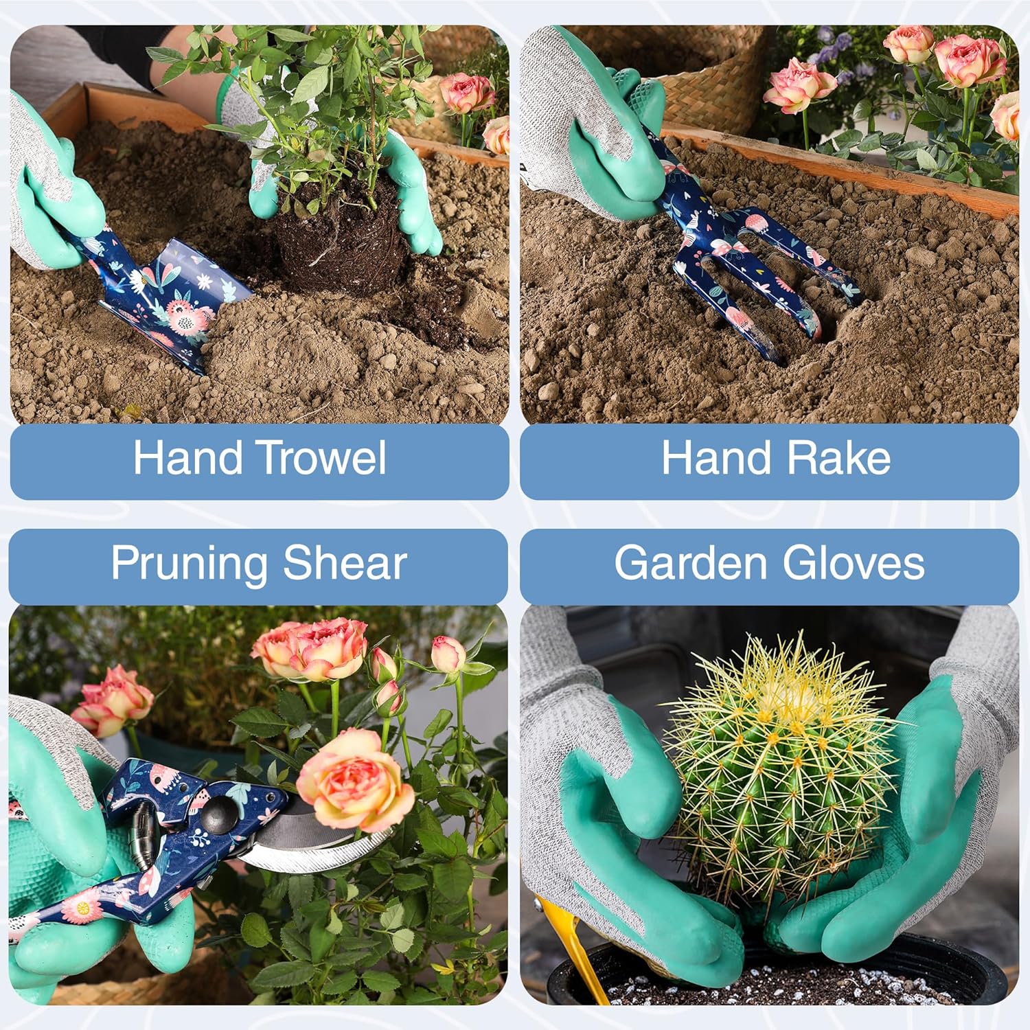 WORKPRO 5PCS Garden Tool Set, Aluminum Heavy Duty Gardening Tool Set with Garden Tool Bag, Outdoor Garden Hand Tools, Blue Insect and Flower