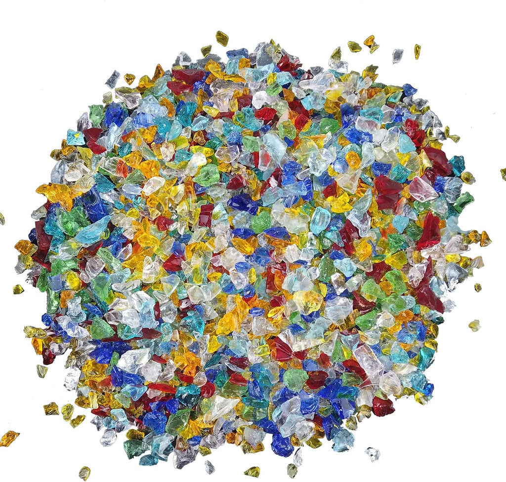 TWINKLING High Luster Fire Glass Gravel Stone Glitter,Broken Glass,Fire Gems Chips,Crushed Glass for Fire Pit Crafts Resin Art Aquarium Garden Decoration,3-6mm,1-Pound Jar (Mixted Color)