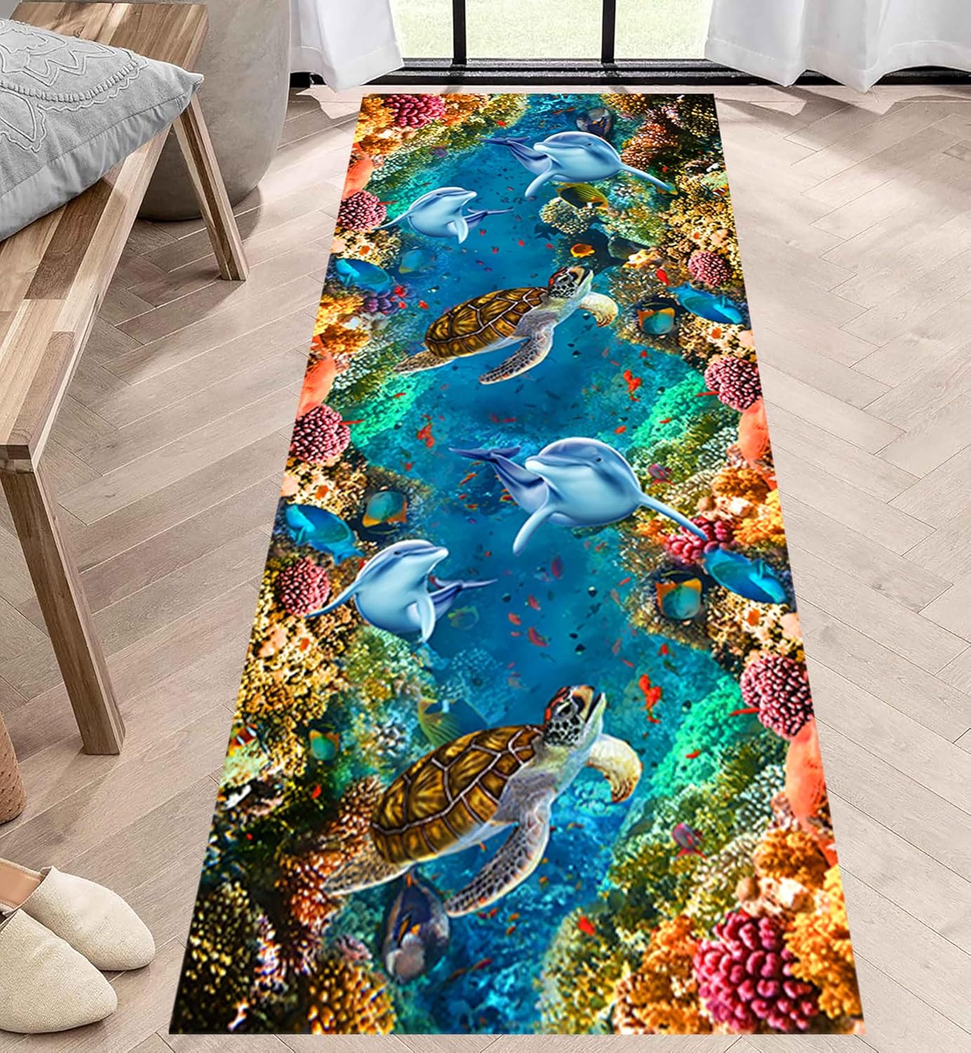 3D Optical Illusion Runner Rug, 3.3x10ft, Sea Dolphin Turtles Underwater World Coral 3D Landscape Hallway Rug, Machine Washable Rugs Carpet for Bathroom Bedroom Laundry Room