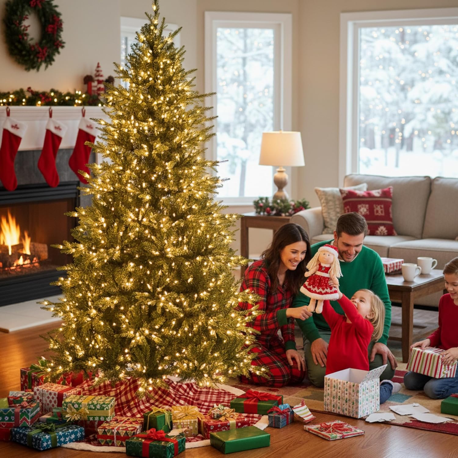 Holiday Bright Lights King Pine Sparkle 7.5 ft Pre-Lit Artificial Christmas Tree, 2,250 3mm LEDs (White & Multicolor), 8 Modes, Remote & Pedal, 50" Full LED Christmas Tree with Insta-Shape Branches