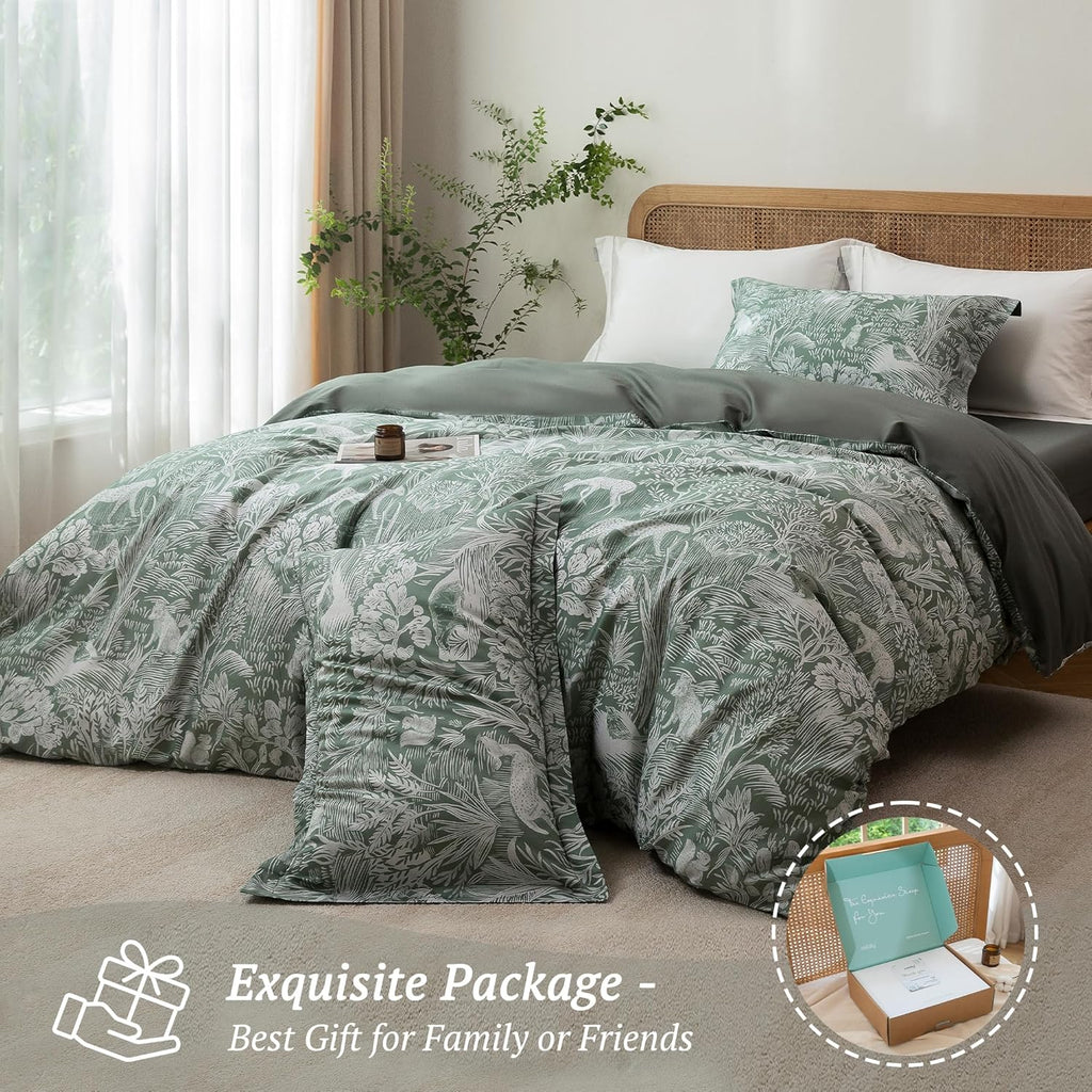 MILDLY Full Size Duvet Cover Set 100% Long-Staple Cotton Luxury Green Floral Patten Reversible Comforter Cover Set 3Pcs
