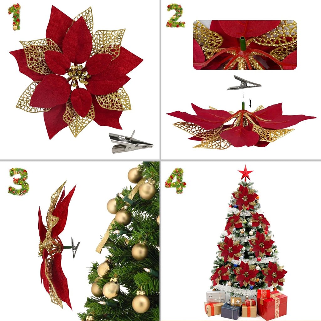 Childom 12 PCS Poinsettia Flower Artificial Poinsettia Christmas Decoration 8.7'' Dark Red Glitter Poinsettias Christmas Ornaments Xmas Tree Flower Decor with Clips DIY Xmas Wreath Home Party Decor