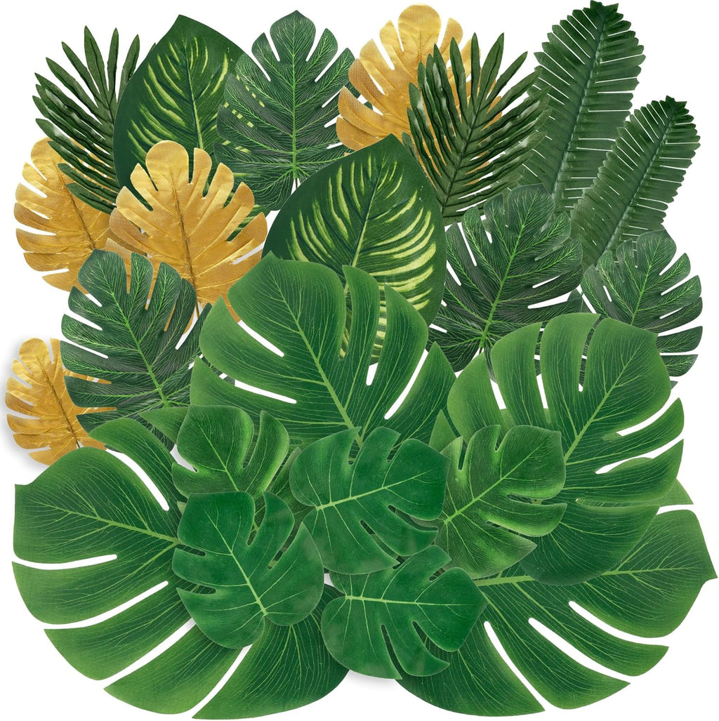 Sggvecsy 64 Pieces 8 Kinds Artificial Tropical Palm Leaves Tropical Leaves Monstera Leaves Safari Jungle Leaf with Stems for Hawaiian Luau Party Beach Table Wedding Shower Birthday Theme Decorations