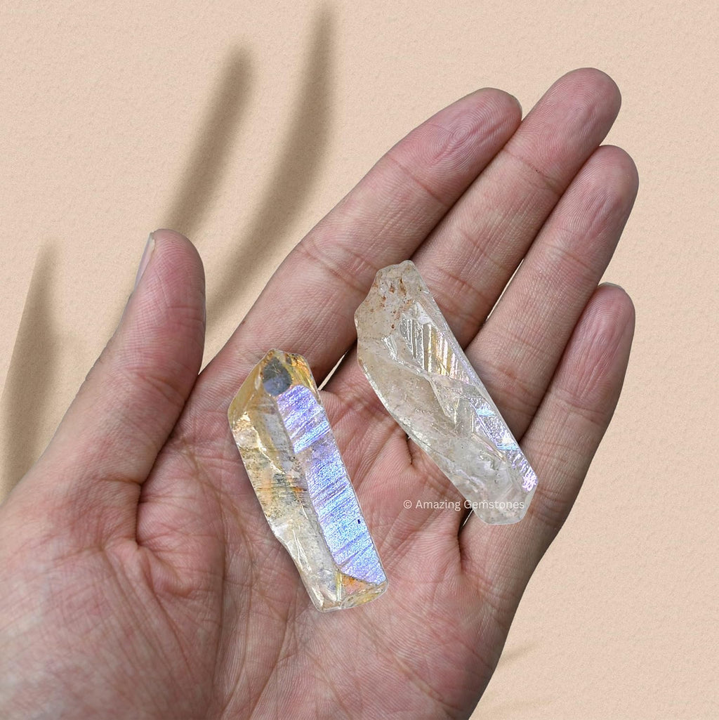 Amazing Gemstone 2 Pieces Angel Aura Quartz Raw Pencil Points Crystals and Healing Stones, Natural Rocks for Meditation and DIY Raw Point Stones and Crystals
