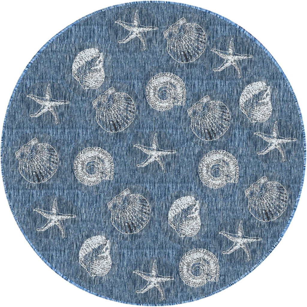 Liora Manne CARMEL Indoor/Outdoor Power Loomed Synthetic Blend Low Profile Area Rug - Transitional Coastal Seashell Decorative (Shells Navy) (7'10" Round)