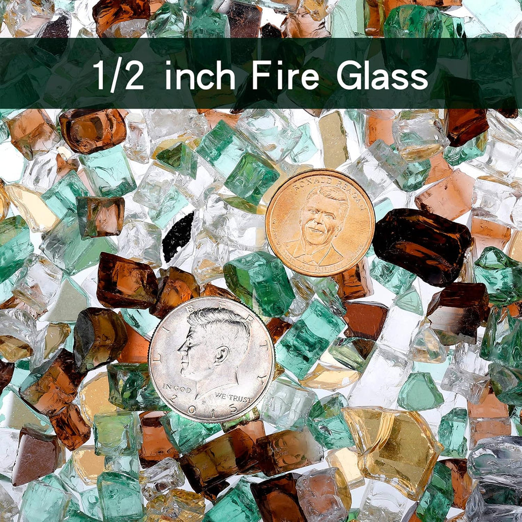 Onlyfire 10 Pounds Blended Reflective Fire Glass for Fire Pit Fireplace and Landscaping, 1/2 Inch Mixed Colored High Luster Fireglass Rocks for Outdoor ＆ Indoor Use - Gold+Light Green+Copper