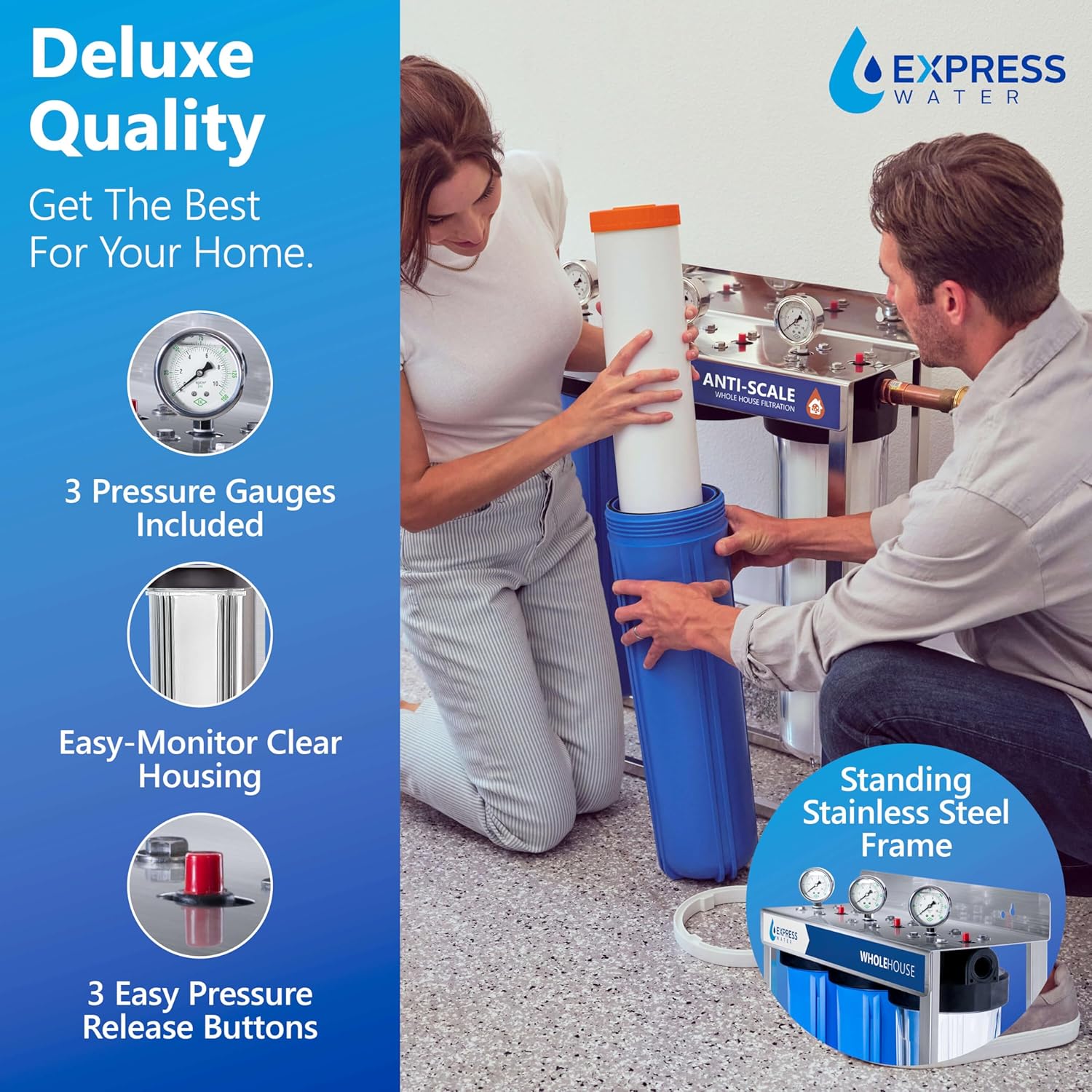 Whole Home Water Filter System| ANTI-SCALE | 3 Stage Water Purifier Whole Home, Top-Tier Anti-Scale Filter Specially Designed to Prevent Scale Build-Up, Protects Appliances, No More Descaler Solution