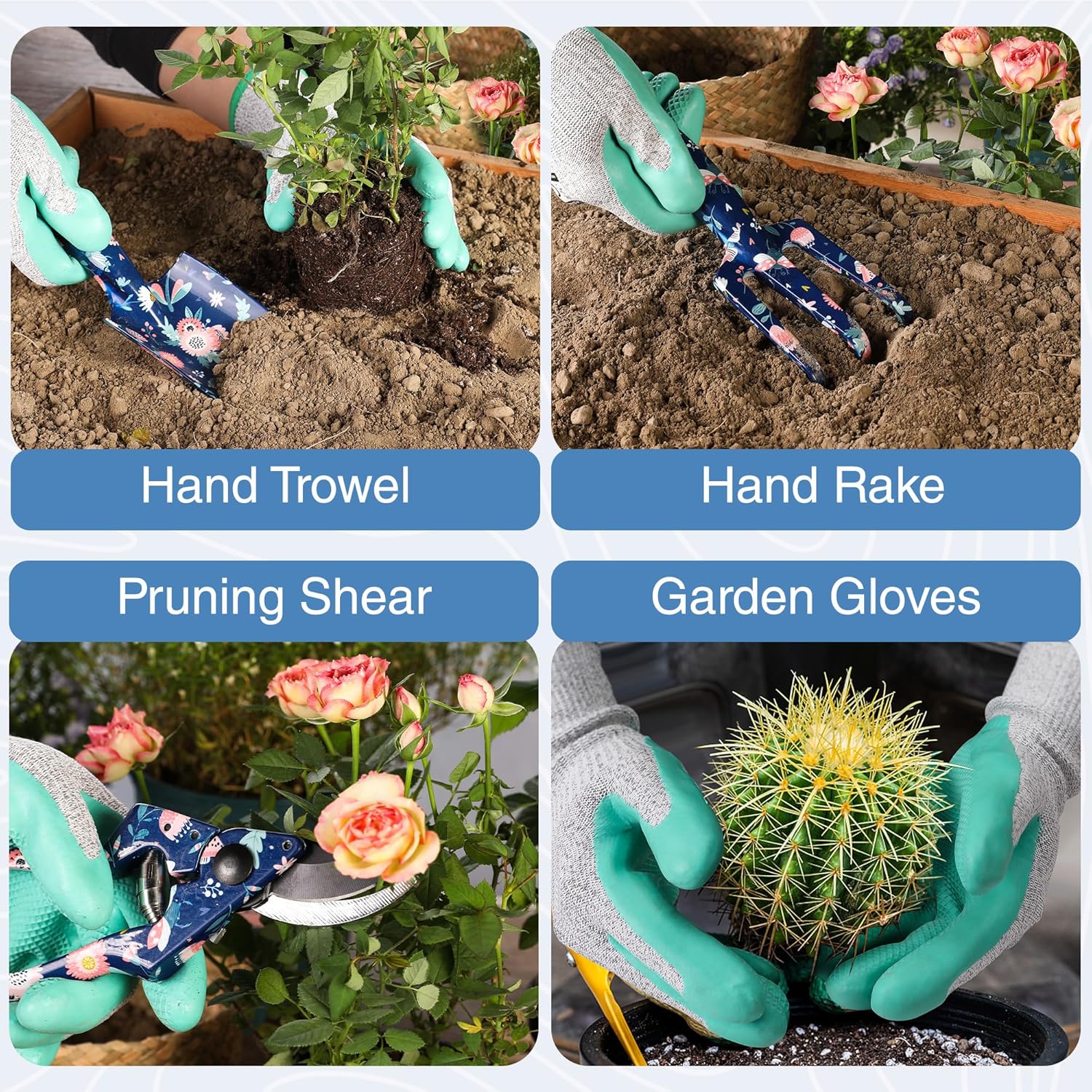 WORKPRO Aluminum Garden Tool Set, 4PCS Heavy Duty Hand Garden Tools with Box Include Trowel, Rake, Pruner, Garden Gloves, Floral and Insect Printing, Garden Gifts