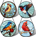 Stained Glass Window Hanging 4 Pcs Set Cardinal Blue Birds 6.3" - Suncatcher Door Garden Sun Catcher Decor Birthday Mother's Day for Bird Lovers Men Woman Nana Friend