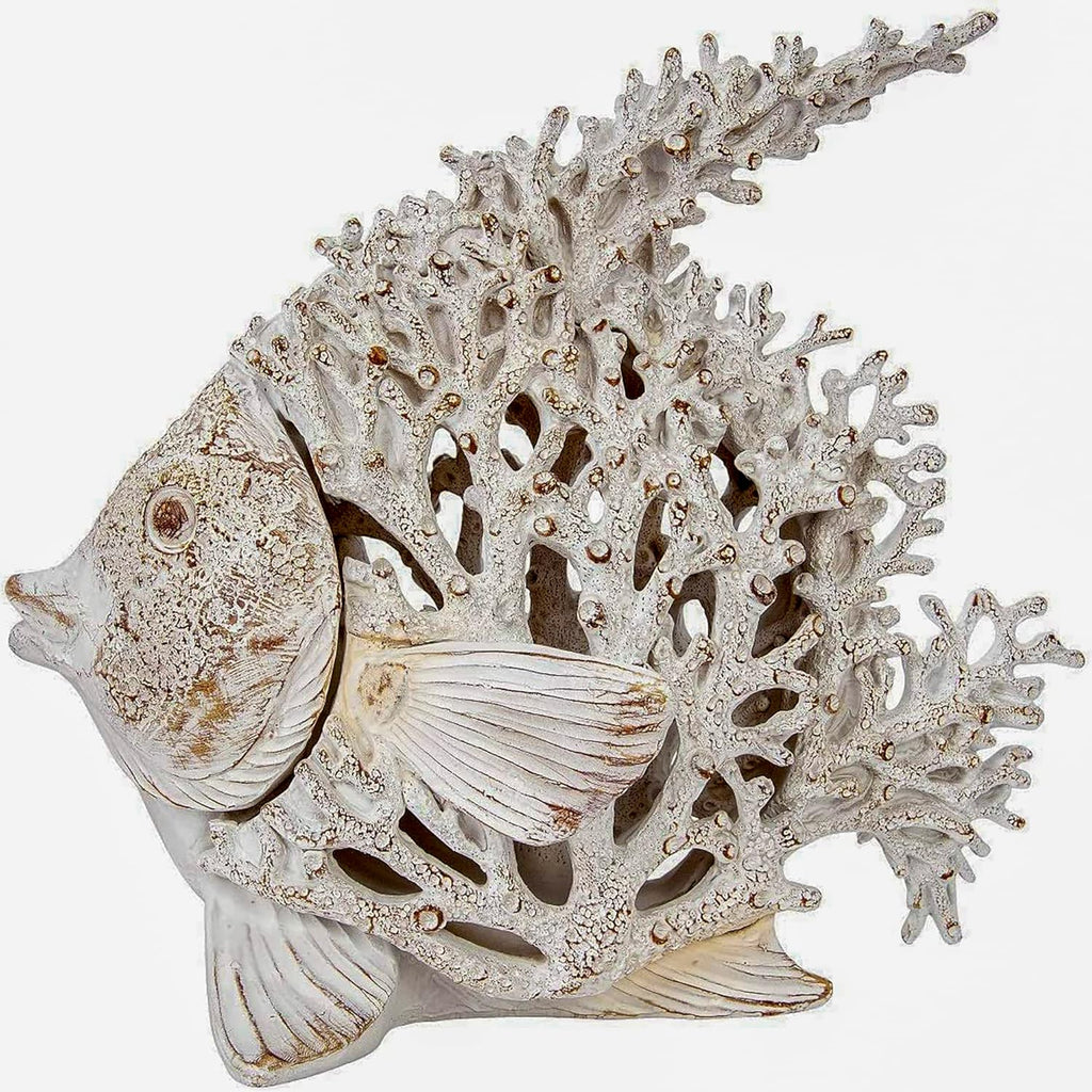 Ocean Decor White Coral Reef Angelfish Sculpture Beach Home Decor Coastal Coral Look Tabletop Collection 11 in x 10 in