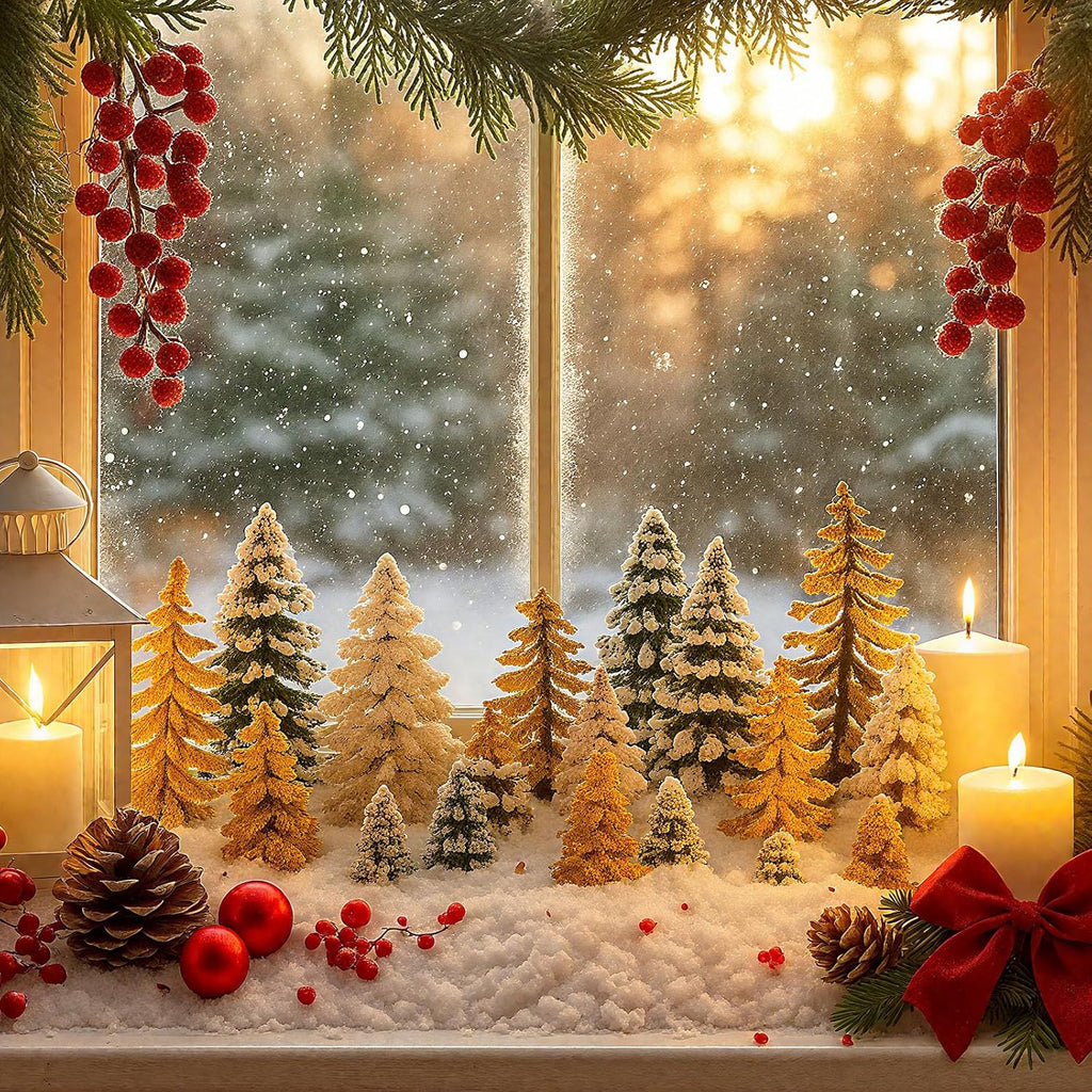 Skylety 35 Pieces Model Trees 1.2-6.3 Inch Mixed Miniature Trees Diorama Supplies Fake Plants Train Scenery Landscape Christmas Village Architecture DIY Crafts(Dark Green, Gold, White,Snowy Cedar)