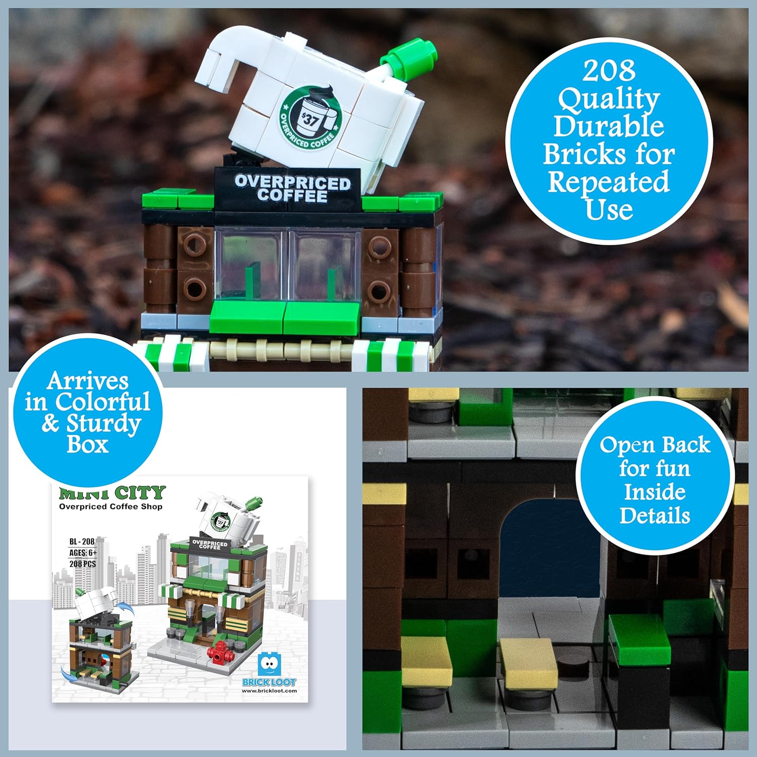 Brick Loot Mini City Coffee Shop Building Set - 208 Pieces, Toy Building Blocks, Compatible with Lego and Major Brands, Includes Barista Minifigure, Fun Toy for Kids and Adults, Ages 6+