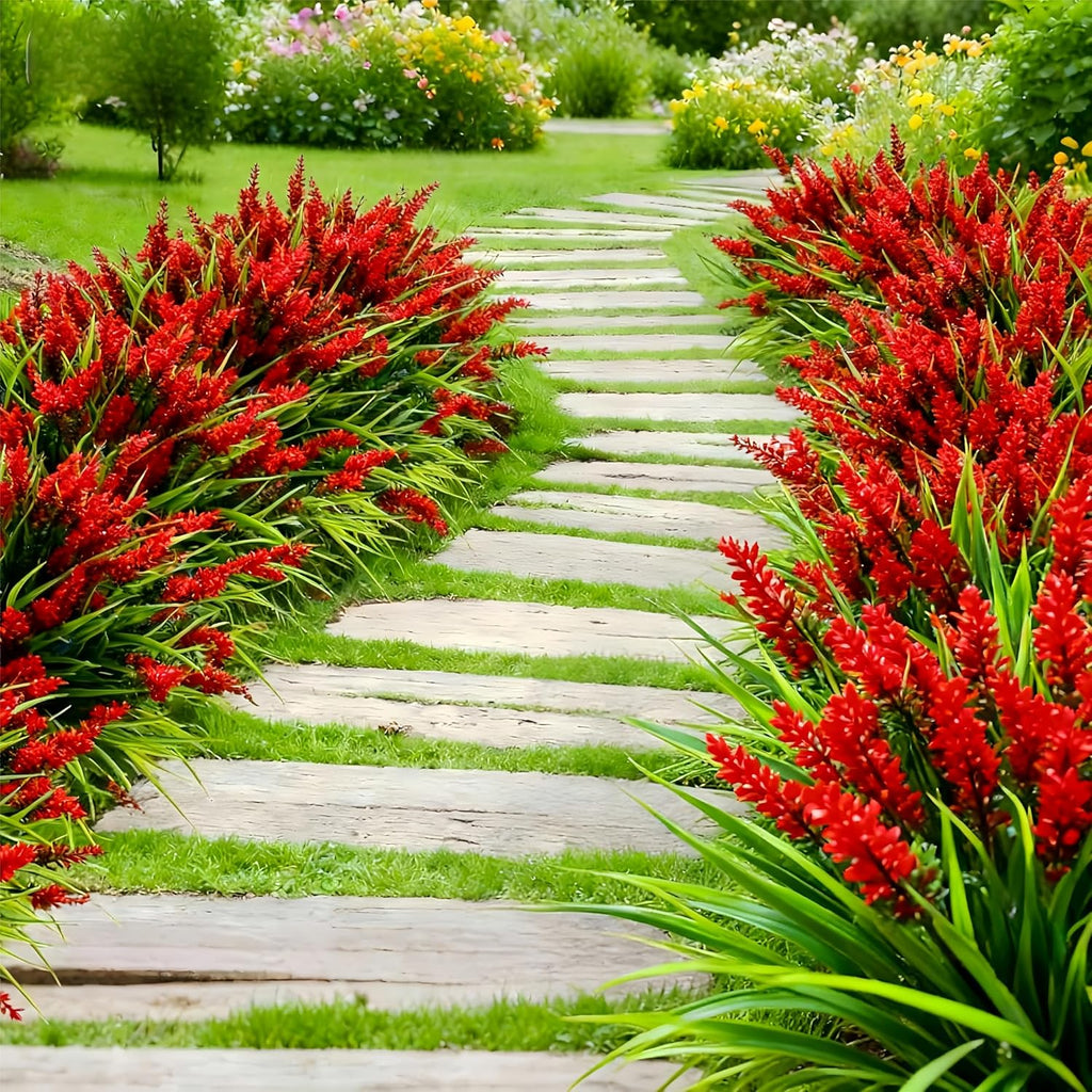 Geegoods Artificial Red Lavender Flowers for Outdoors – 24 Bundles UV Resistant Fake Flowers with Monkey Grass, Realistic Artificial Plants Outdoor for Garden, Patio, Porch, Window Box & Home Décor