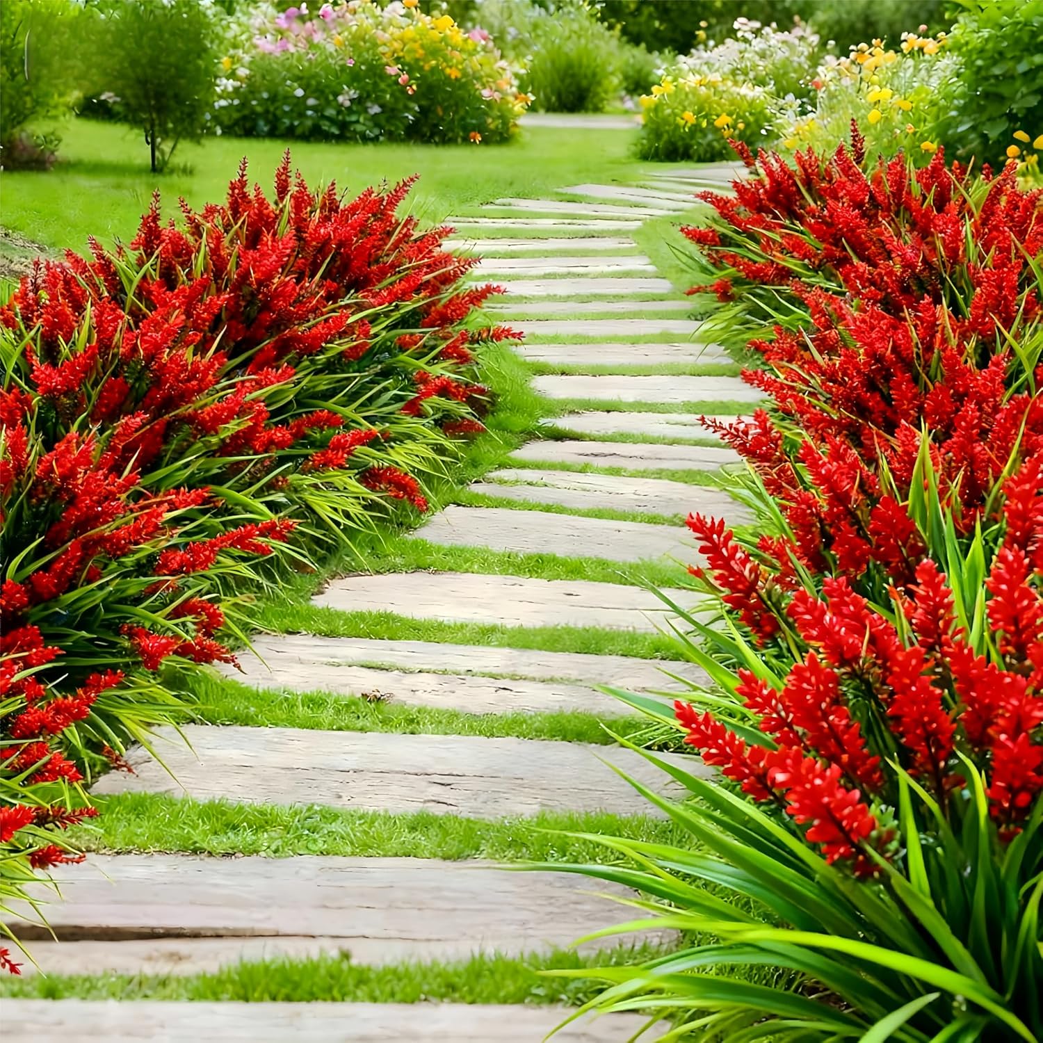 Geegoods Artificial Red Lavender Flowers for Outdoors – 24 Bundles UV Resistant Fake Flowers with Monkey Grass, Realistic Artificial Plants Outdoor for Garden, Patio, Porch, Window Box & Home Décor