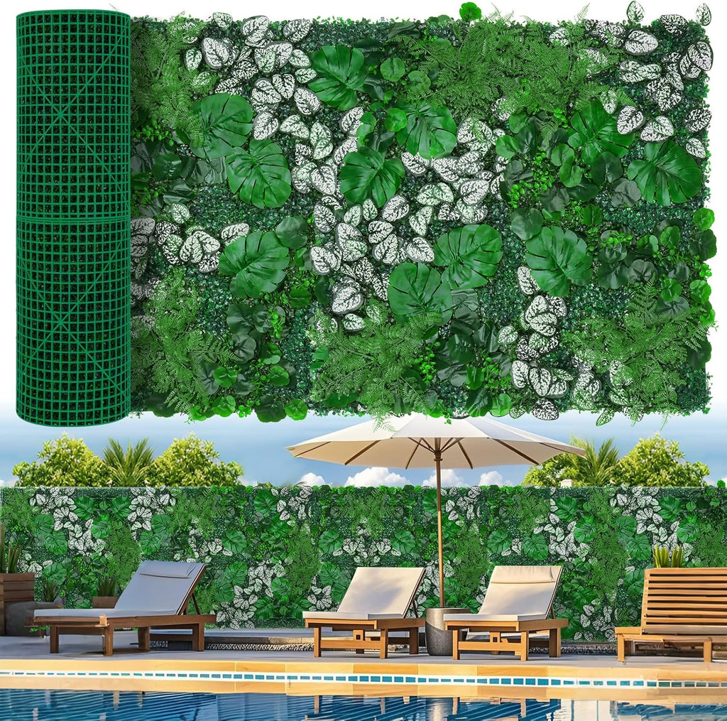 Artificial Boxwood Panels, 40"x120"(33.33 SQFT) Grass Wall Panels with Monstera Leaves,Privacy Hedge Fence Screen with UV Protection,Fake Greenery Backdrop for Indoor Wedding