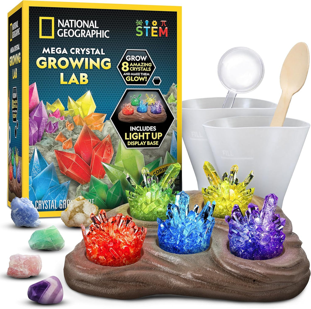 NATIONAL GEOGRAPHIC Mega Crystal Growing Kit for Kids- Grow 8 Crystals with Light-Up Stand, Science Gifts for Kids 8-12, Crystal Making Experiment, Science Kit for Girls and Boys