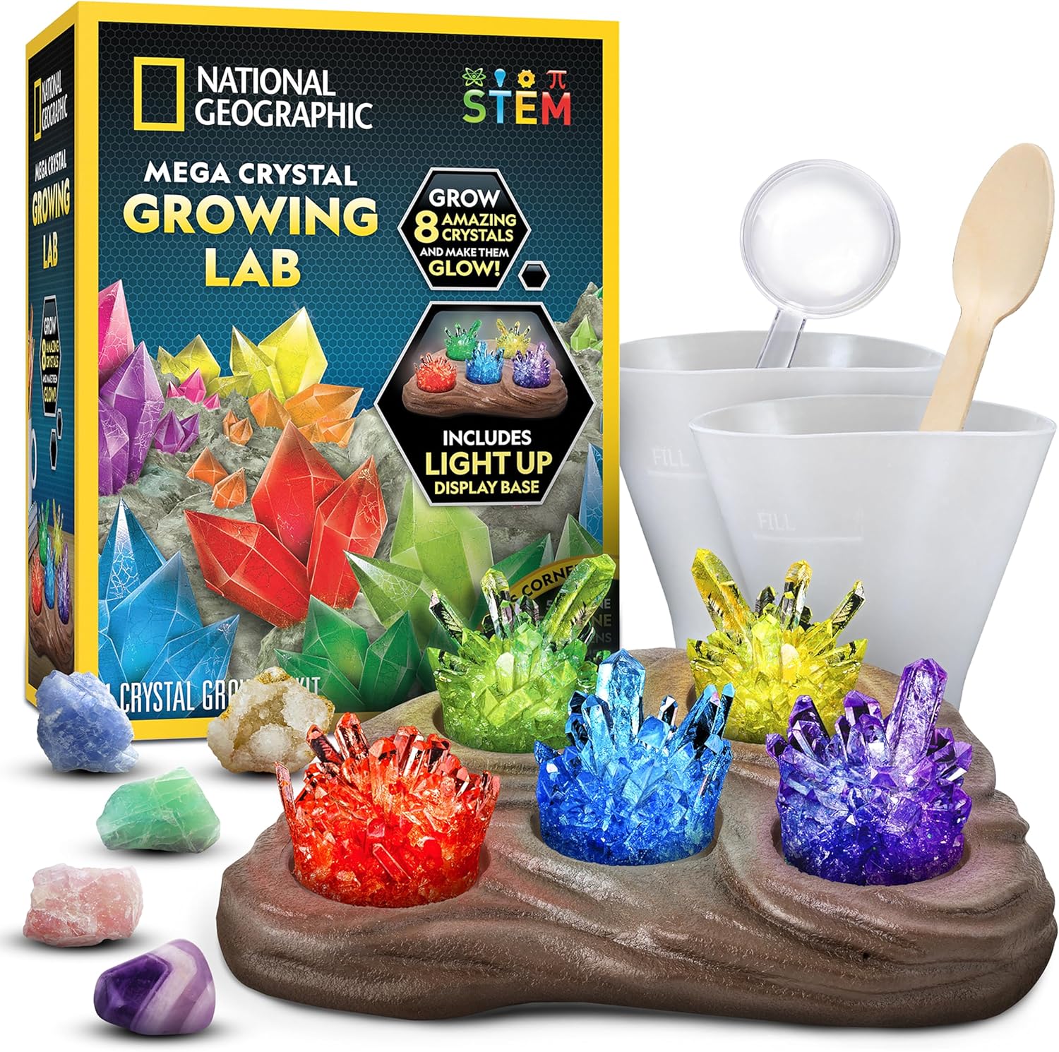 NATIONAL GEOGRAPHIC Mega Crystal Growing Kit for Kids- Grow 8 Crystals with Light-Up Stand, Science Gifts for Kids 8-12, Crystal Making Experiment, Science Kit for Girls and Boys
