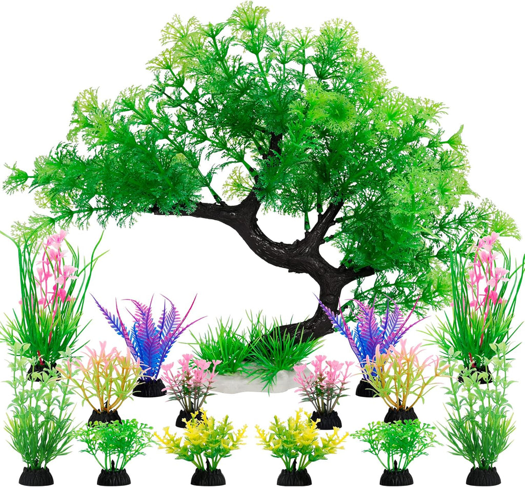 MyLifeUNIT Fish Tank Decorations, 15 Pack Artificial Aquarium Plants Tree Set for Fish Tank Decor (Green Set)