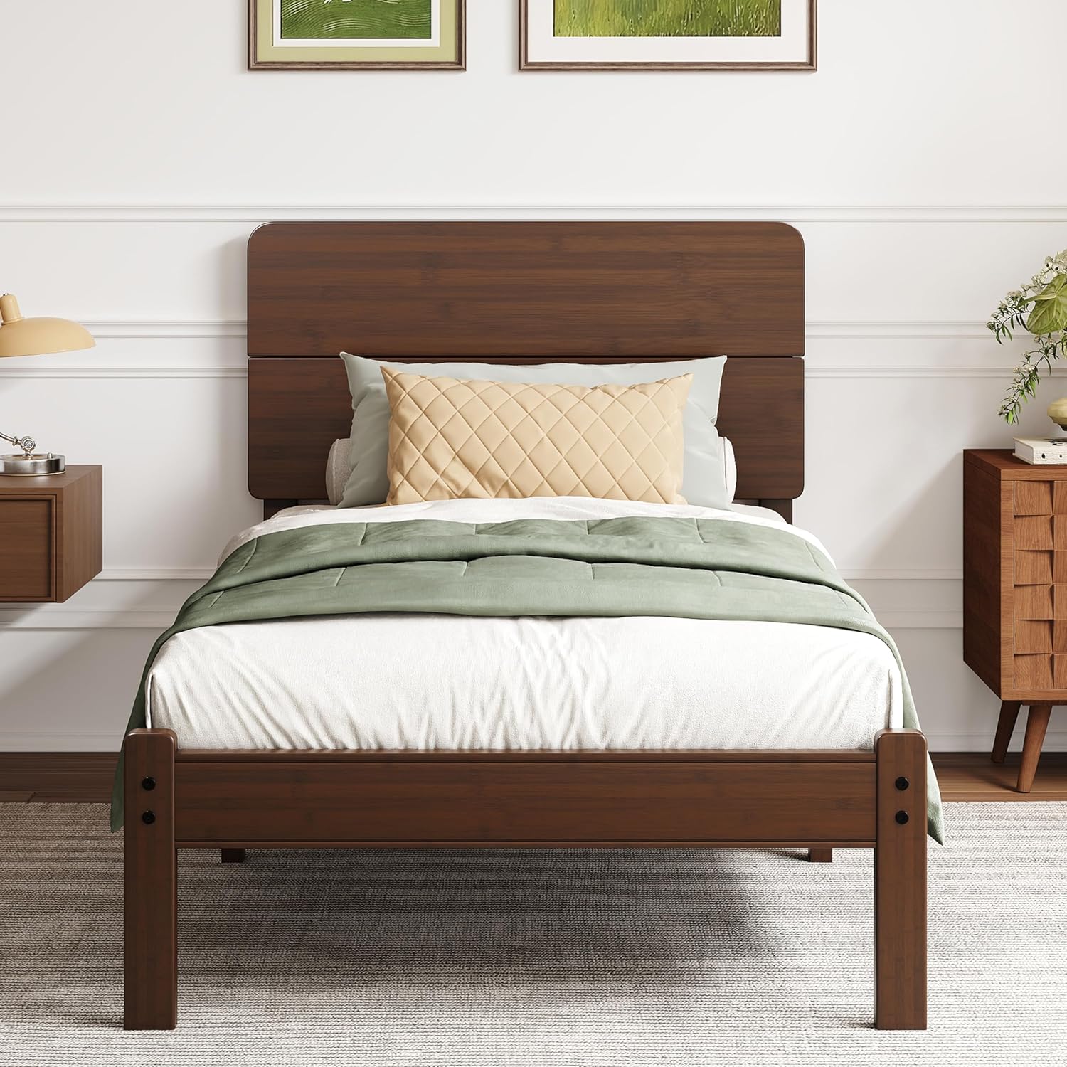 14in High Solid Bamboo Wood Platform Twin XL Bed Frame with Headboard, Reinforced Heavy Duty Metal Slats, Noise Free, No Box Spring Needed, Easy Assembly, Walnut