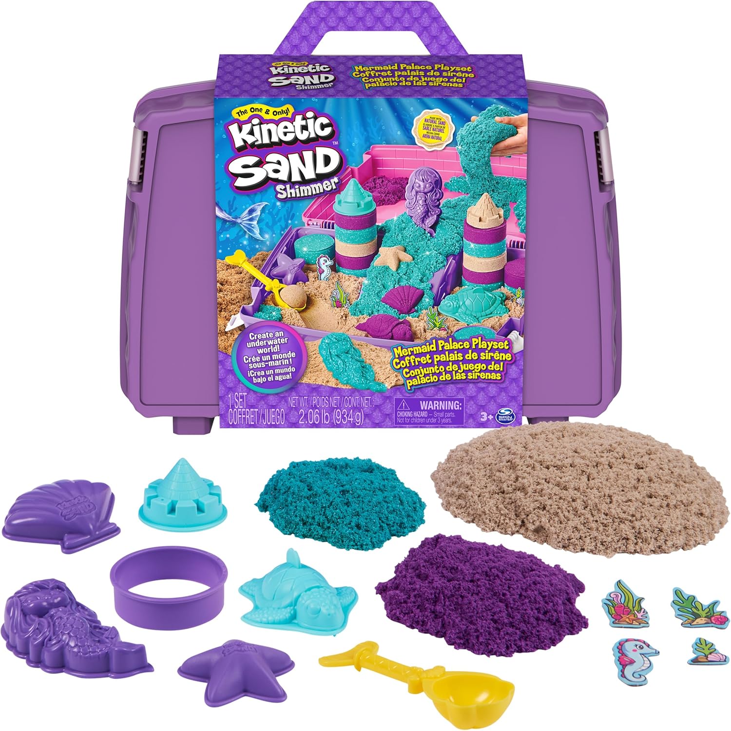 Kinetic Sand, Mermaid Palace Playset Folding Sandbox with 2.06lbs Play Sand (Neon Purple, Shimmer Teal & Beach), Tools, Sensory Toys, Stocking Stuffers for Kids Ages 3 and up