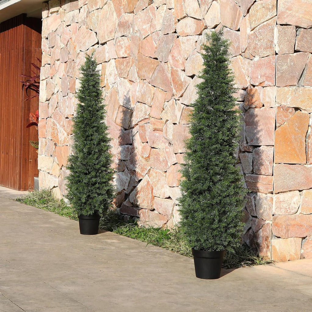 LOMANTO Outdoor Artificial Topiary Cedar Tree 2Pack Fake Tree 5Ft UV Rated Potted Plants for Porch Decor Faux Pine Plant for Housewarming