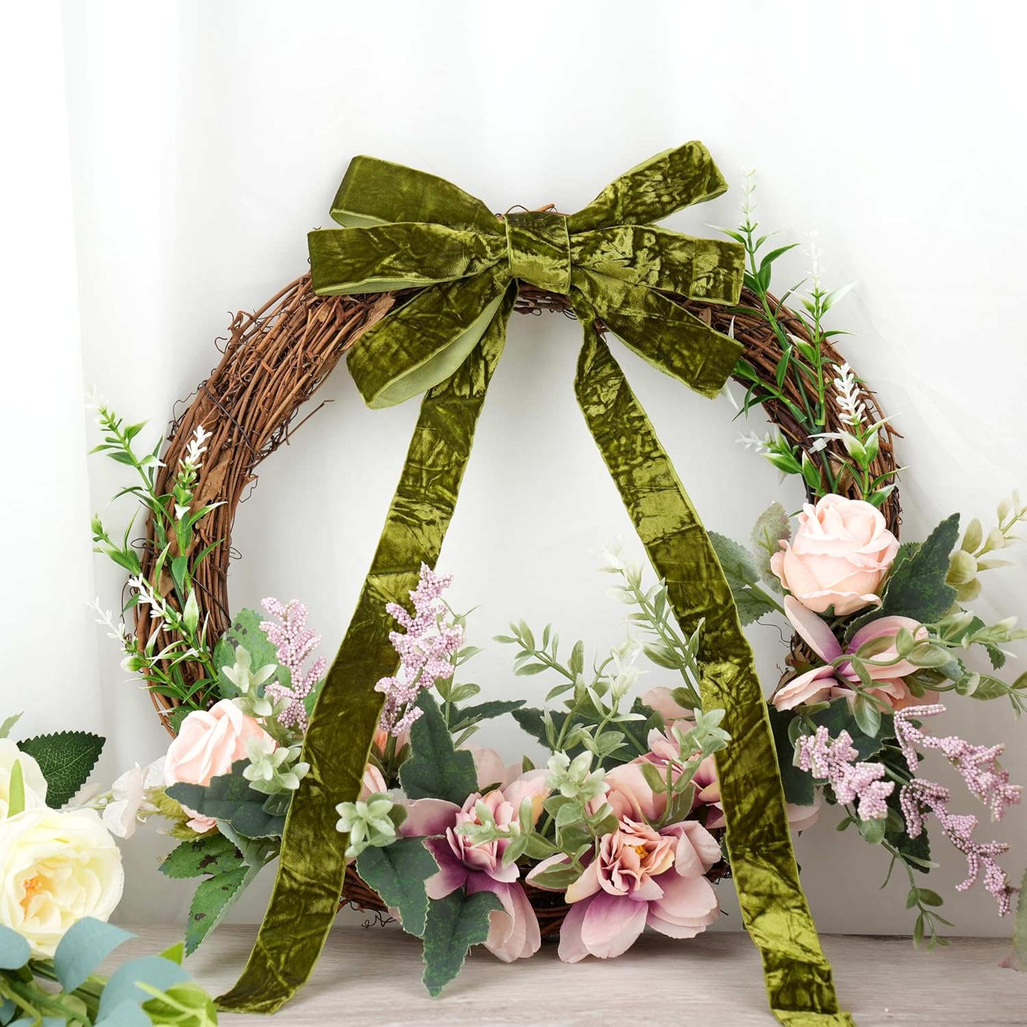 MAYREEL 1 Inch Moss Crushed Velvet Ribbon Olive Green Vintage for Flower Bouquets Wedding Invitations Crafts Gift Wrapping Party Favor Boxes 10 Yards