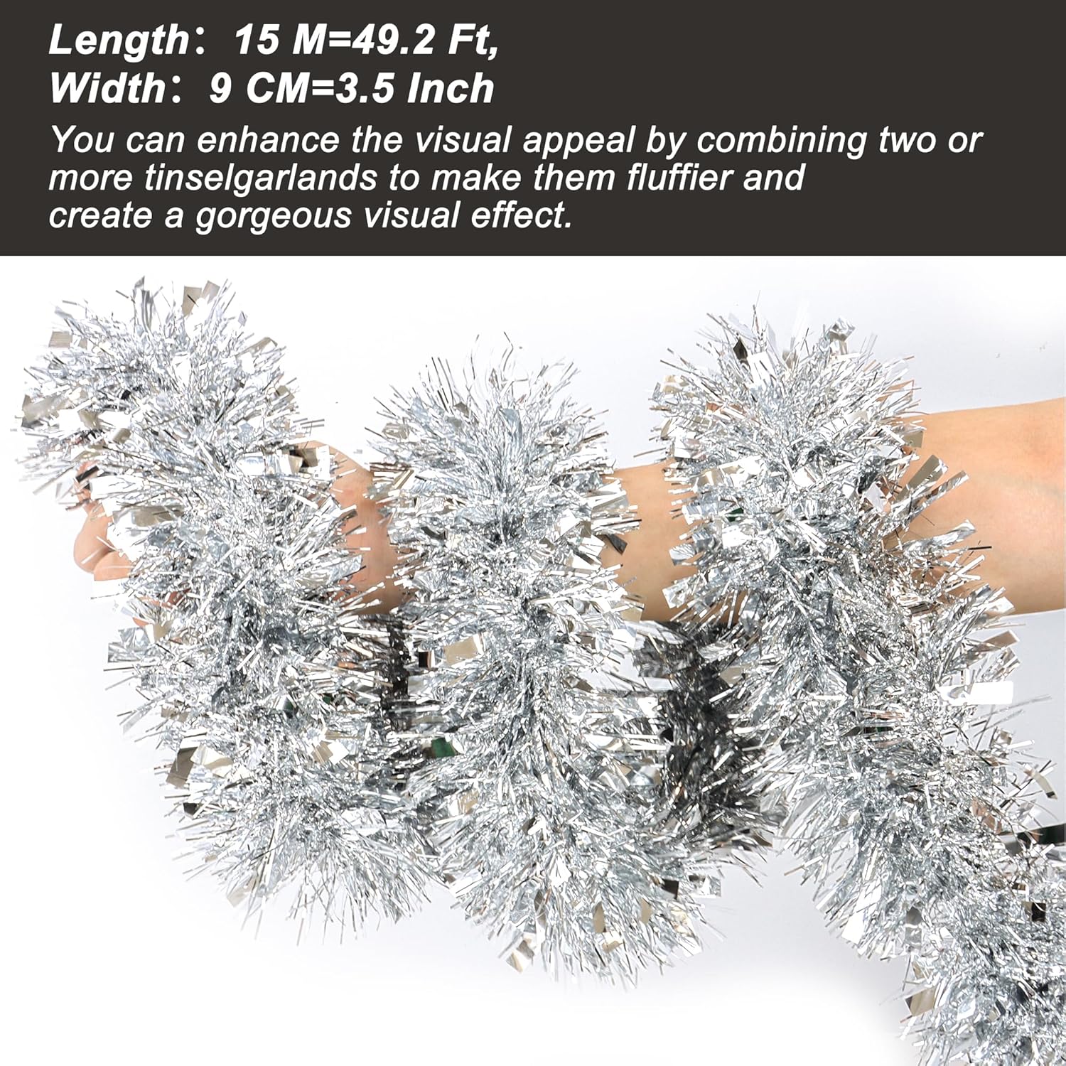 50 Feet Silver Christmas Tinsel Garland Metallic Twist Shiny Hanging Garland for Christmas Tree Decorations Xmas Holiday Decor for Home Indoor Outdoor Party Supplies - Silver