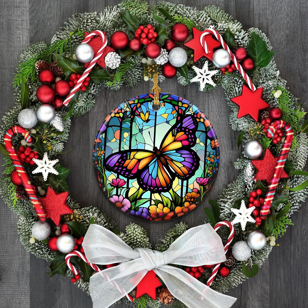 Touber Stained Ceramic Butterfly Ornament - Butterfly Christmas Ornaments - Christmas Tree Ornaments - Christmas Decorations - Butterfly Decor for Office, Room, Home - Holiday Present Ideas - A