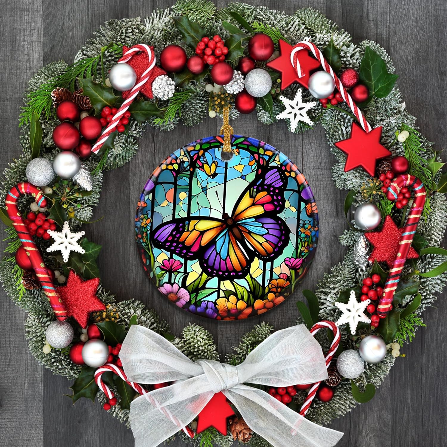 Touber Stained Ceramic Butterfly Ornament - Butterfly Christmas Ornaments - Christmas Tree Ornaments - Christmas Decorations - Butterfly Decor for Office, Room, Home - Holiday Present Ideas - A