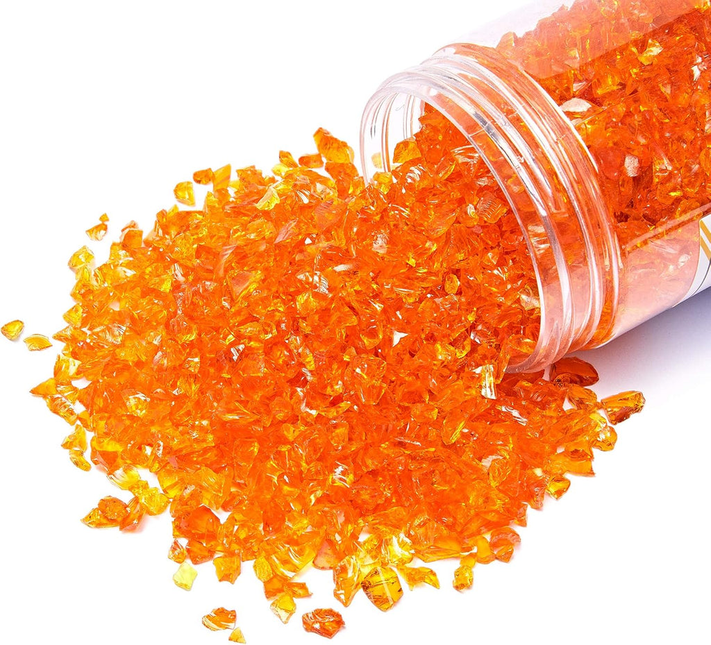 TWINKLING High Luster Fire Glass Gravel Stone Glitter,Broken Glass,Fire Gems Chips,Crushed Glass for Fire Pit Crafts Resin Art Aquarium Garden Decoration,3-6mm,1-Pound Jar (Orange Red)