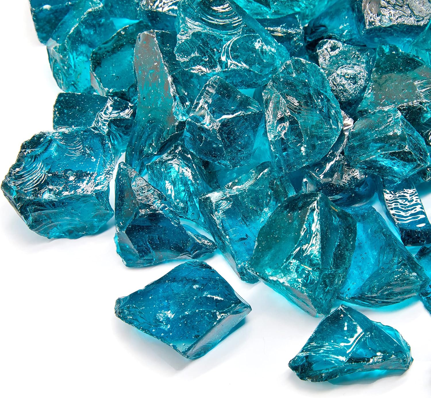 TWINKLING High Luster Fire Glass Gravel Stone,Broken Glass,Fire Pit Glass,Crushed Glass for Fireplace Pit Aquarium Garden Decoration,1-3cm,2-Pound Jar (Turquoise)