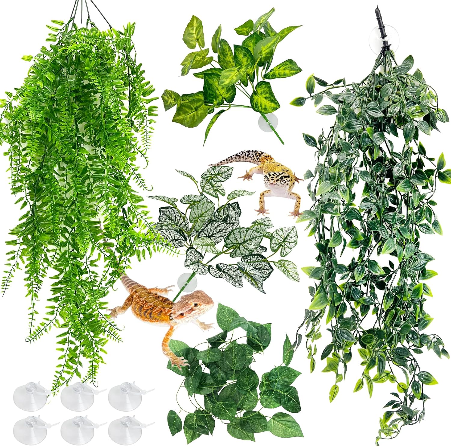 Hamiledyi 5 Pcs Reptile Plants Terrarium Hanging Fake Plant Leaves, Bearded Dragon Tank Accessories, Habitat Decor for Snake Leopard Gecko Lizard Chameleon Spider Turtle (Style 2)