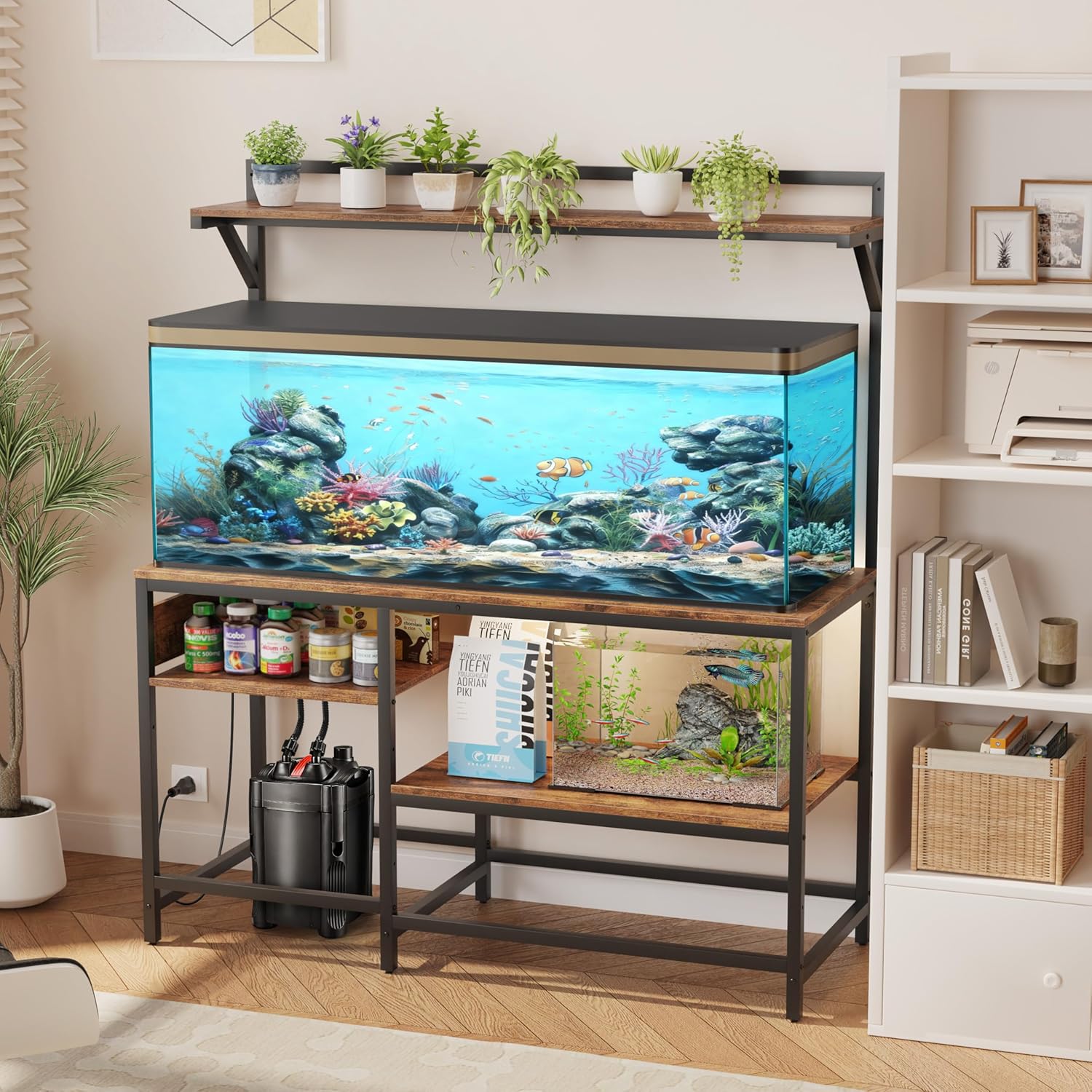 55 Gallon Fish Tank Stand, Aquarium Stand with Power Outlet, Heavy-Duty Reptile Terrarium Stand with 6-Leg Support and 4-Tier Adjustable Storage Shelves