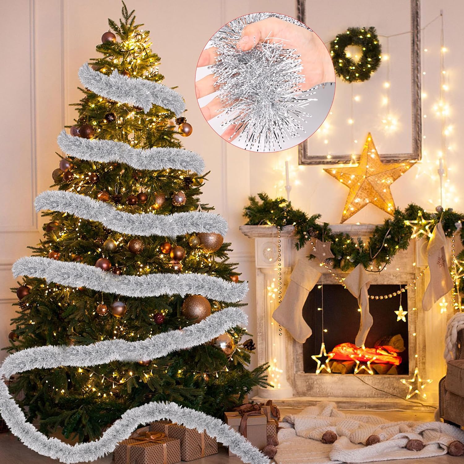 50 Feet Silver White Christmas Tinsel Garland Christmas Decorations, Thick Metallic Twist Shiny Hanging Tinsel Garlands for Xmas Tree Decor Stairs Mantle Fireplace Home Indoor Holiday Party Supplies