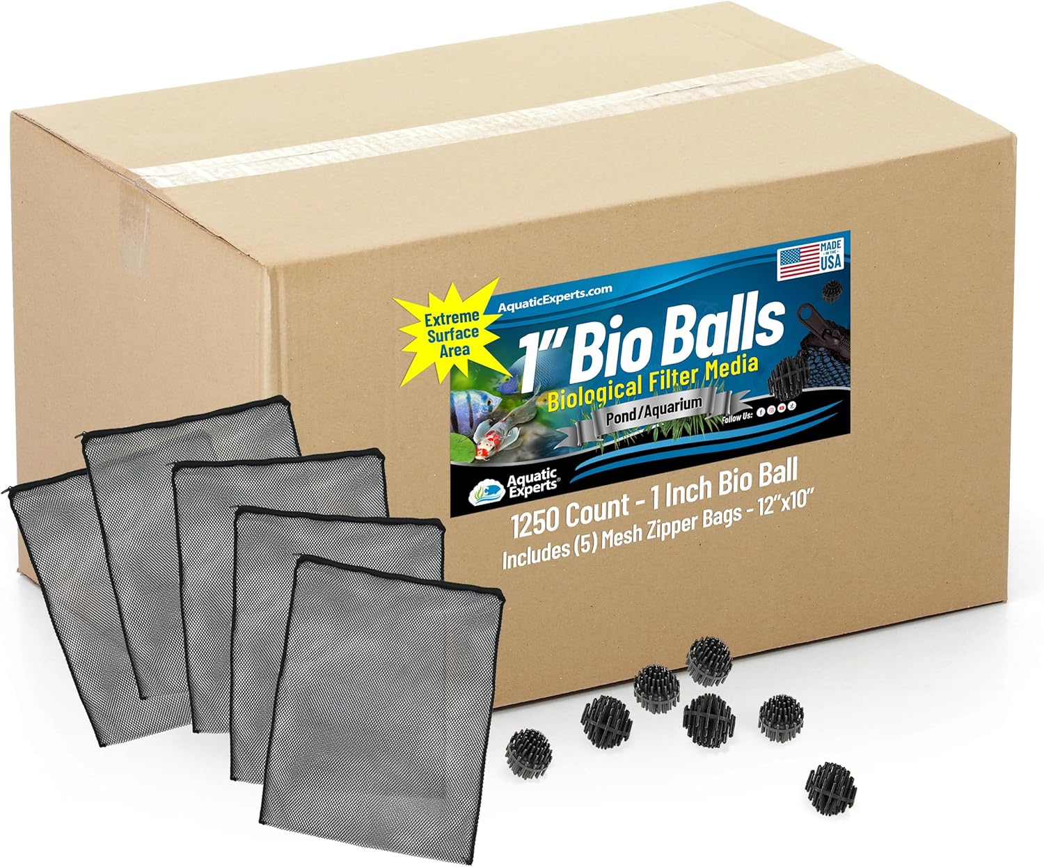 Aquatic Experts Bio Balls Filter Media, 1 Inch Small Bio Ball for Ponds and Aquarium Filters, Perfect Aquarium Filter Media, Made in The USA, (1250 Count with 5 Mesh Bags)