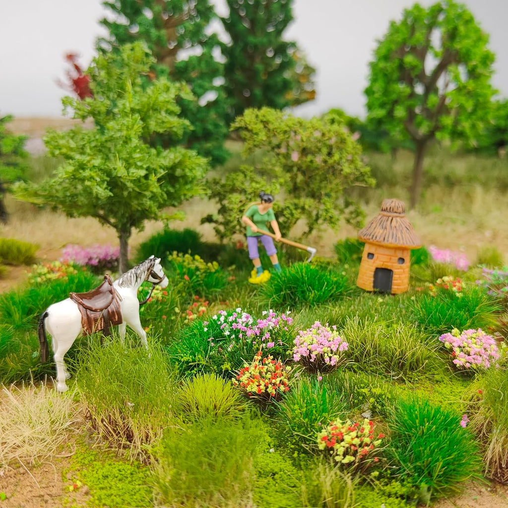 140 Pcs Static Grass Tufts & Miniature Flower Clusters - Artificial Grass Terrain Scenery Kit for Model Train Railway, Military Sand Table, DIY Diorama Landscape (B)