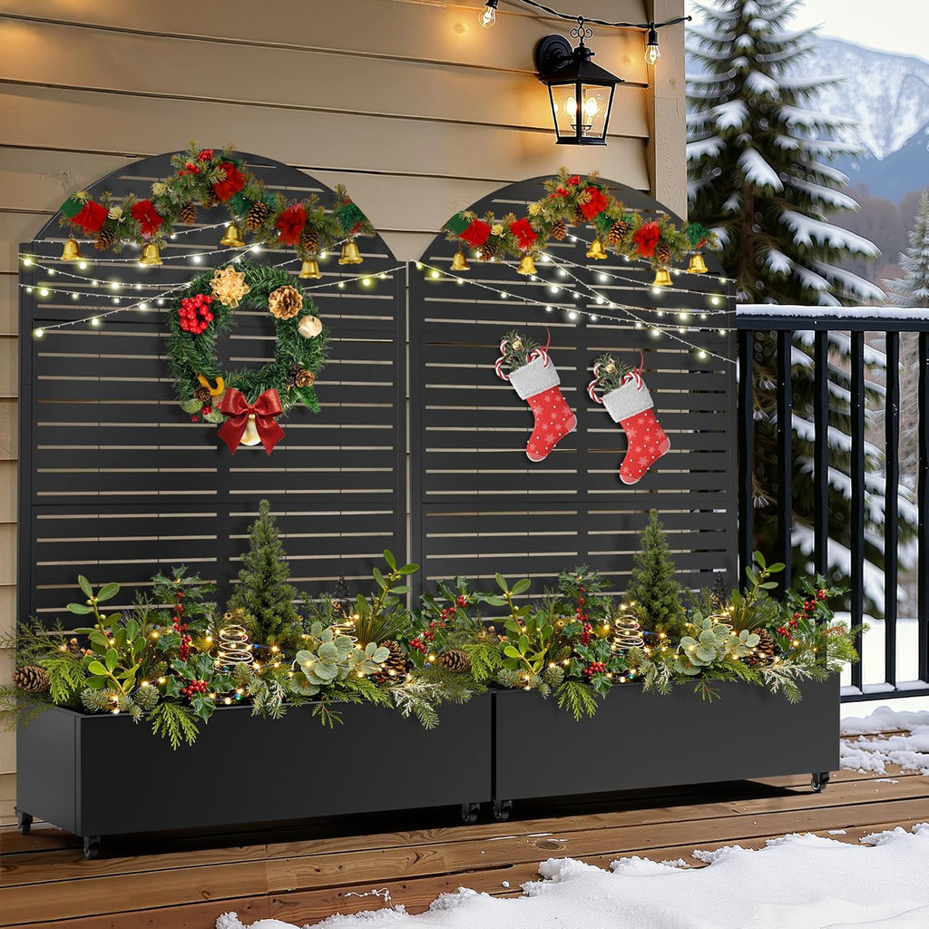 FENCY Metal Raised Garden Bed with Wheels and Trellis,Arched 73"x47"x16" Planter Box for Climbing Plants, Vegetables & Vines, Features Privacy Screen and Drainage Holes (Black-Louvered)