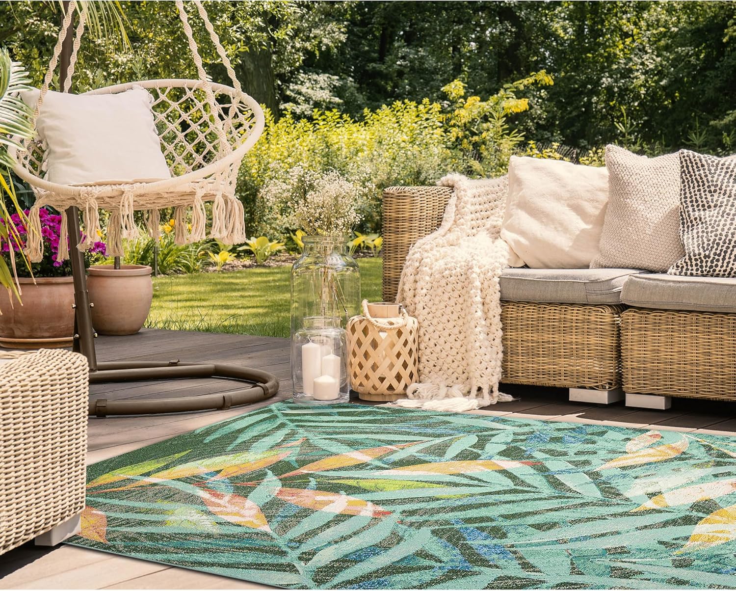Liora Manne Marina Indoor/Outdoor Power Loomed Synthetic Blend Low Profile Area Rug - Contemporary Graphic Botanical Floral Colorful (Leaves Blue) (4'10" x 7'6")