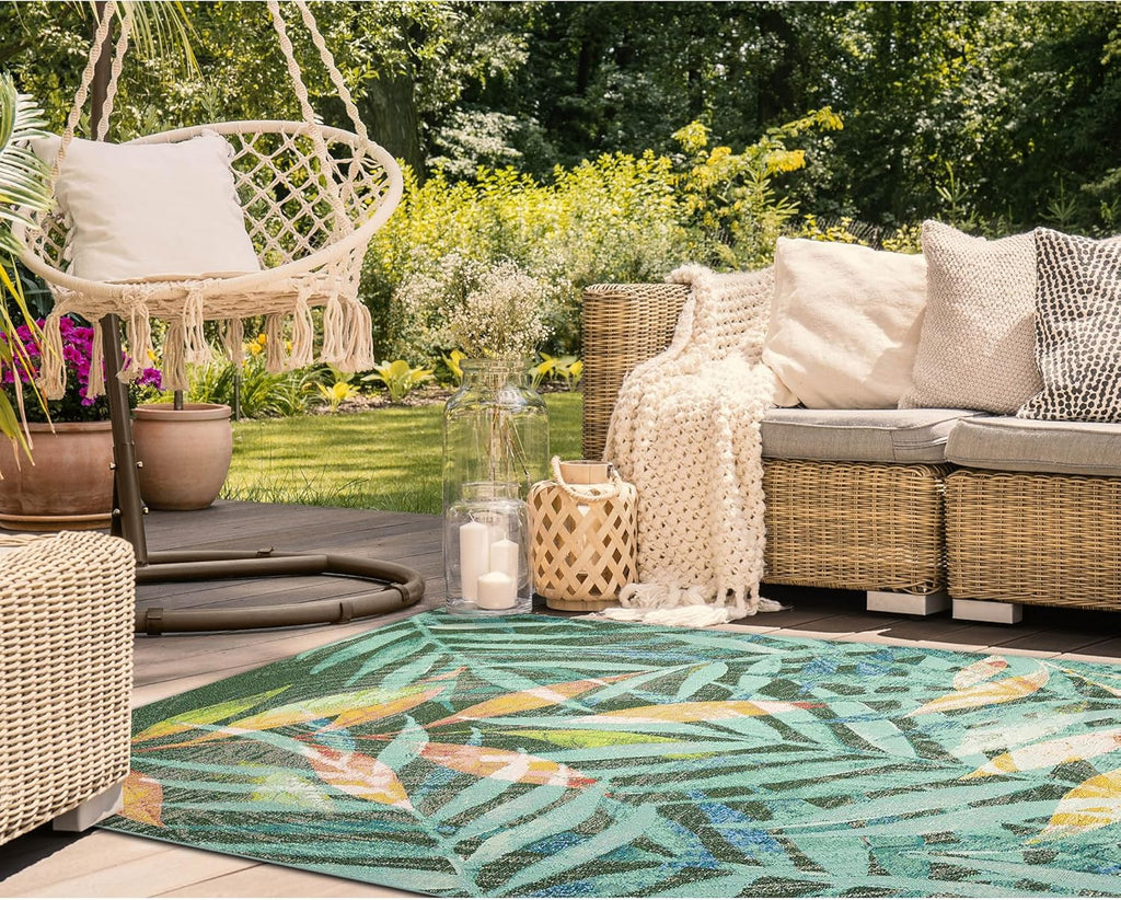 Liora Manne Marina Indoor/Outdoor Power Loomed Synthetic Blend Low Profile Area Rug - Contemporary Graphic Botanical Floral Colorful (Leaves Blue) (7'10" x 9'10")