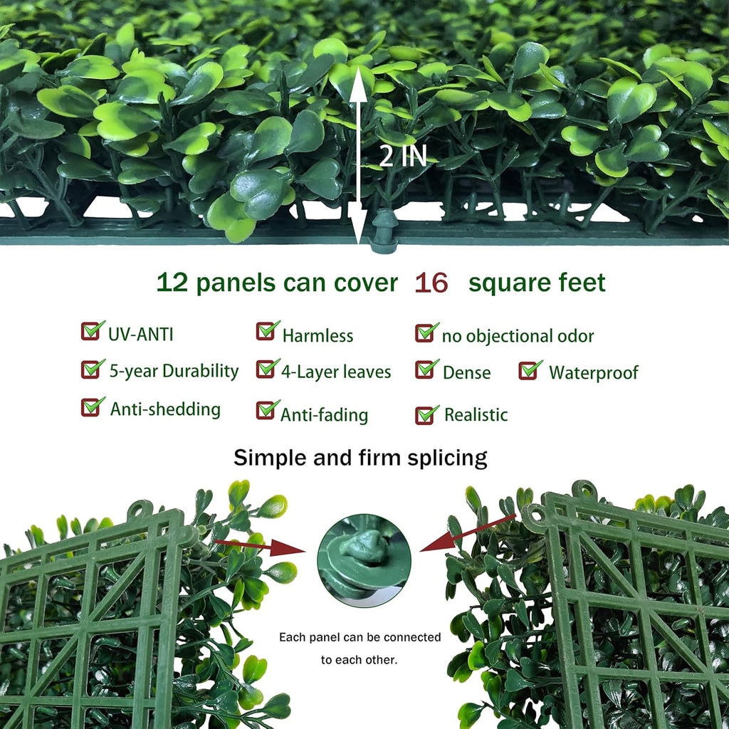 Artificial Grass Wall Backdrop Panels,16 X 12 in 12P(16 sqft) UV-Anti Greenery Boxwood Panels for Indoor Outdoor Green Wall Decor & Ivy Fence Covering Privacy
