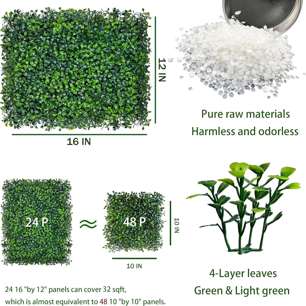 Artificial Grass Wall Backdrop Panels,16 X 12 in 24P(32 sqft) UV-Anti Greenery Boxwood Panels for Indoor Outdoor Green Wall Decor & Ivy Fence Covering Privacy