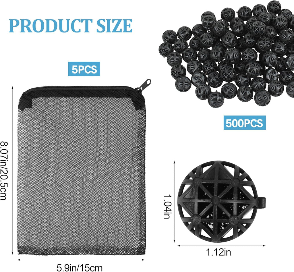 500 Pieces Bio Balls Filter Media Bulk 1.02 Inch Large Bio Balls for Pond & Aquarium Filters Pond Filter Media for Outdoor Ponds（Comes with 5 Black mesh Bags）