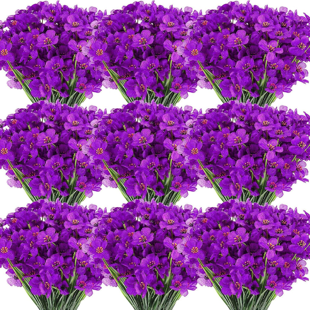 Lyrow 100 Bundles Violet Artificial Flowers, UV Resistant Faux Flowers Outdoor, Faux Silk Flowers, Fake Violet Flowers Bulk for Front Porch Hanging Garden Courtyard Farmhouse Home(Purple)