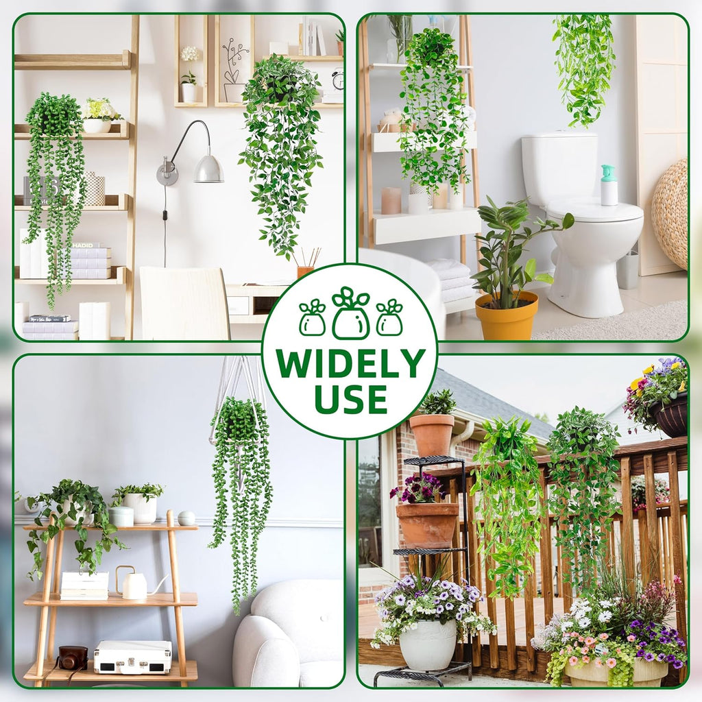 Palonu Artificial Hanging Plants for Shelf, 4 Pack Fake Potted Greenery Faux Eucalyptus Vine, Mandala Vine, String of Pearls,Pea pod Leaves in Pot for Office Living Room Bathroom Indoor Outdoor Décor