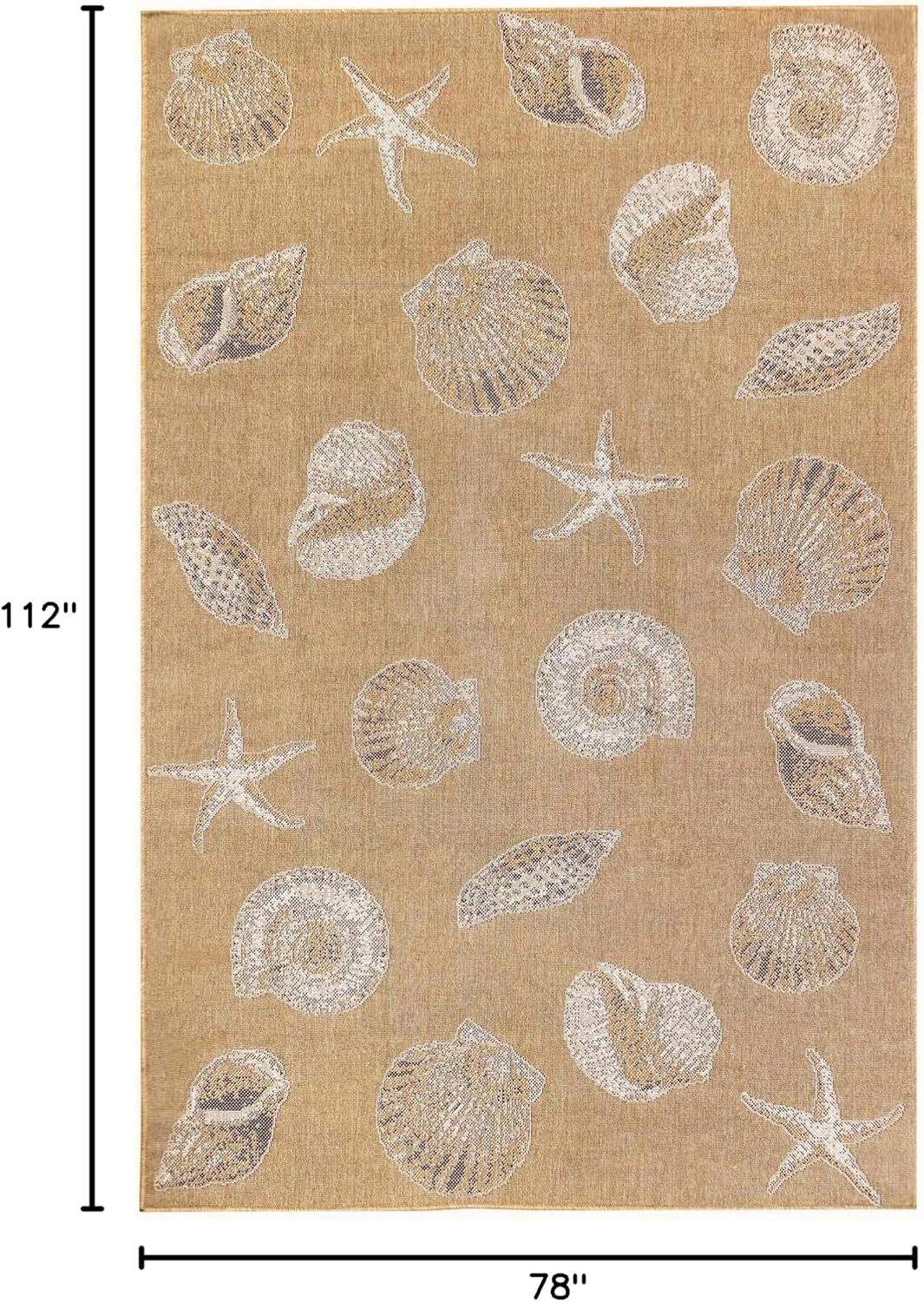 Liora Manne CARMEL Indoor/Outdoor Power Loomed Synthetic Blend Low Profile Area Rug - Transitional Coastal Seashell Decorative (Shells Sand) (6'6" x 9'4")