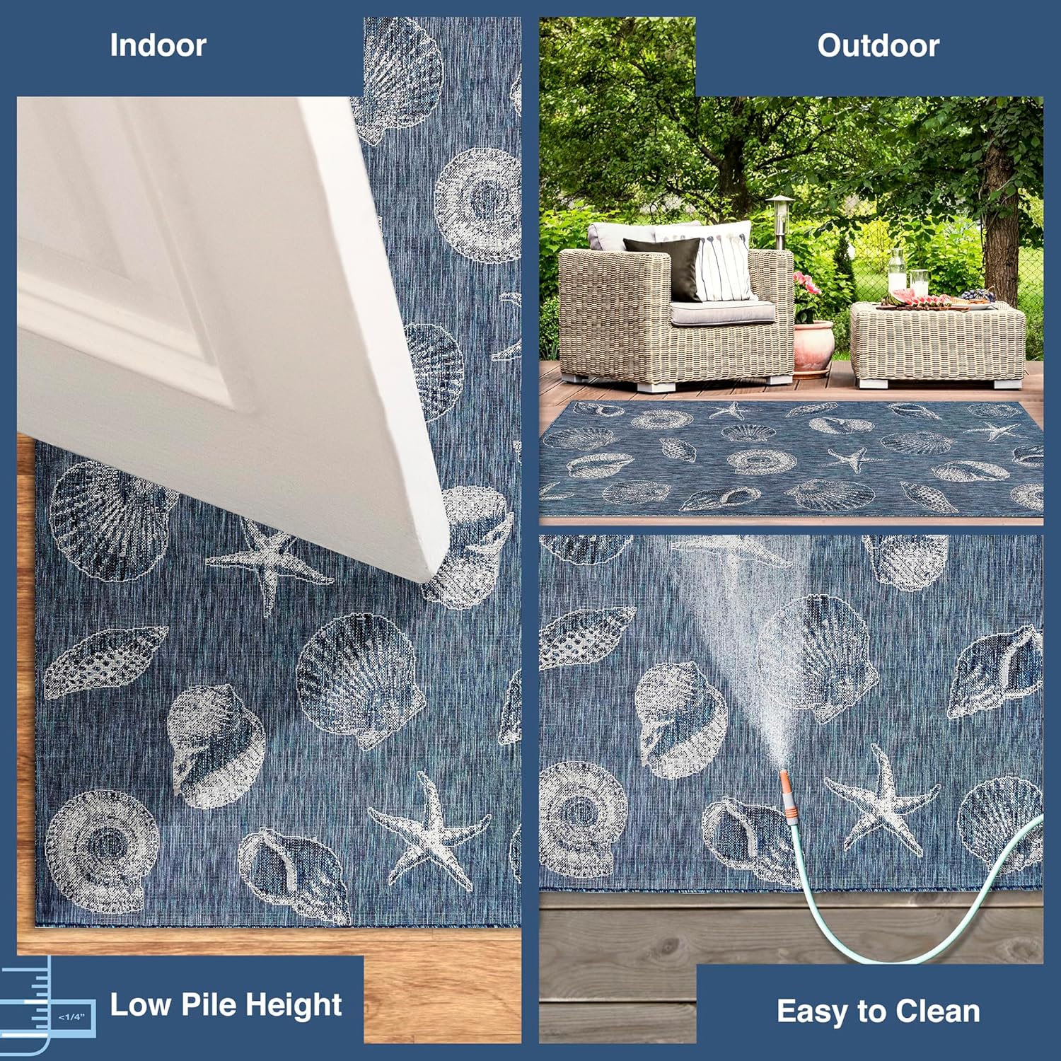 Liora Manne CARMEL Indoor/Outdoor Power Loomed Synthetic Blend Low Profile Area Rug - Transitional Coastal Seashell Decorative (Shells Navy) (7'10" Round)