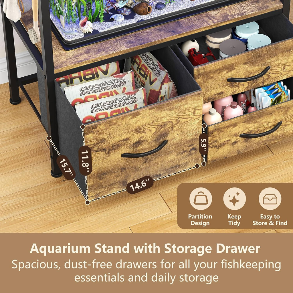 Heybly 20-29 Gallon Fish Tank Stand, Aquarium Stand with Drawer, Power Outlet, Heavy Duty Metal Frame, for Fish Tank, Turtle & Reptile Terrarium, 31.5" x 15.7" Top, 330lbs, Rustic Brown HAS001SR